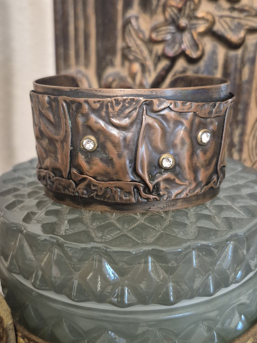 Artisan-crafted Fold-Formed Copper Cuff Bracelet Embellished Bezel-set Rhineston
